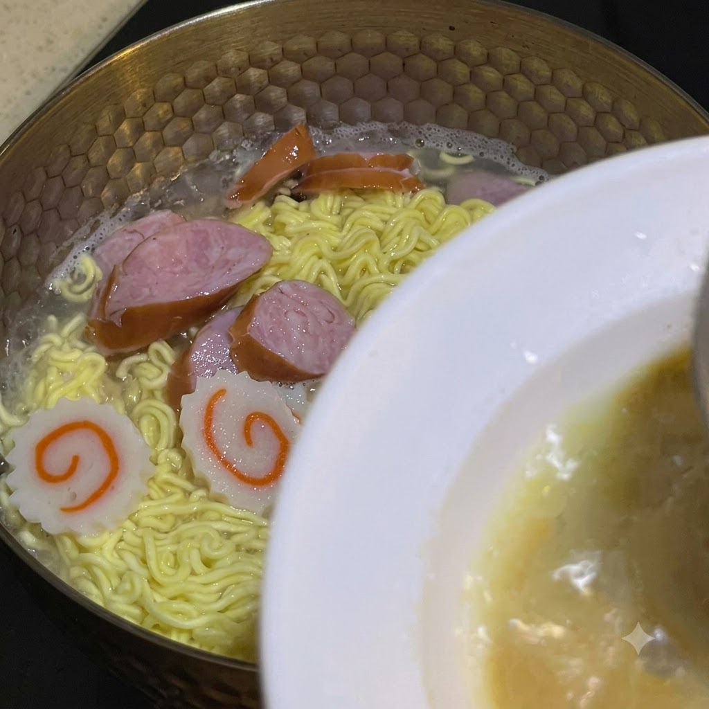 국자가 끓는 면 냄비에서 소스가 담긴 하얀색 그릇 쪽으로 뜨거운 국물을 떠내는 모습.