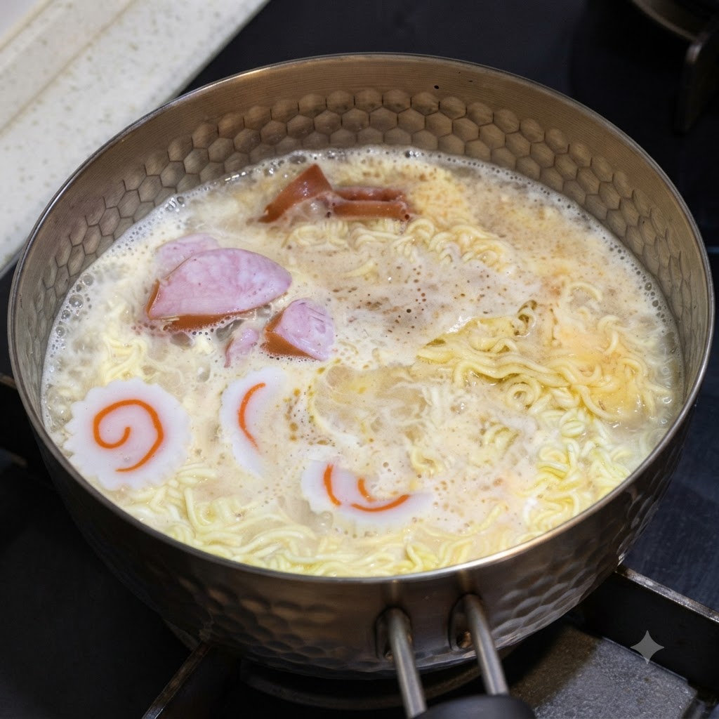 끓고 있는 면과 소시지 냄비에 달걀흰자가 부어지는 모습.