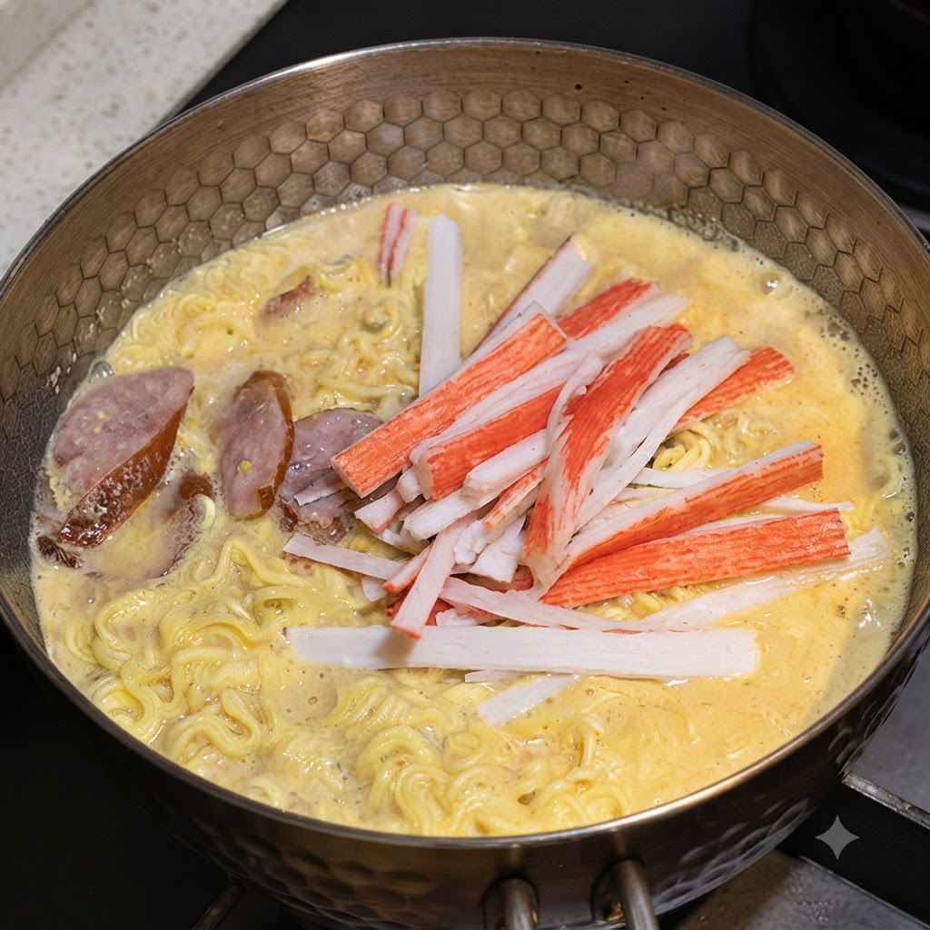 냄비 속 끓고 있는 면 위에 결대로 찢은 맛살이 흩뿌려져 있는 모습.