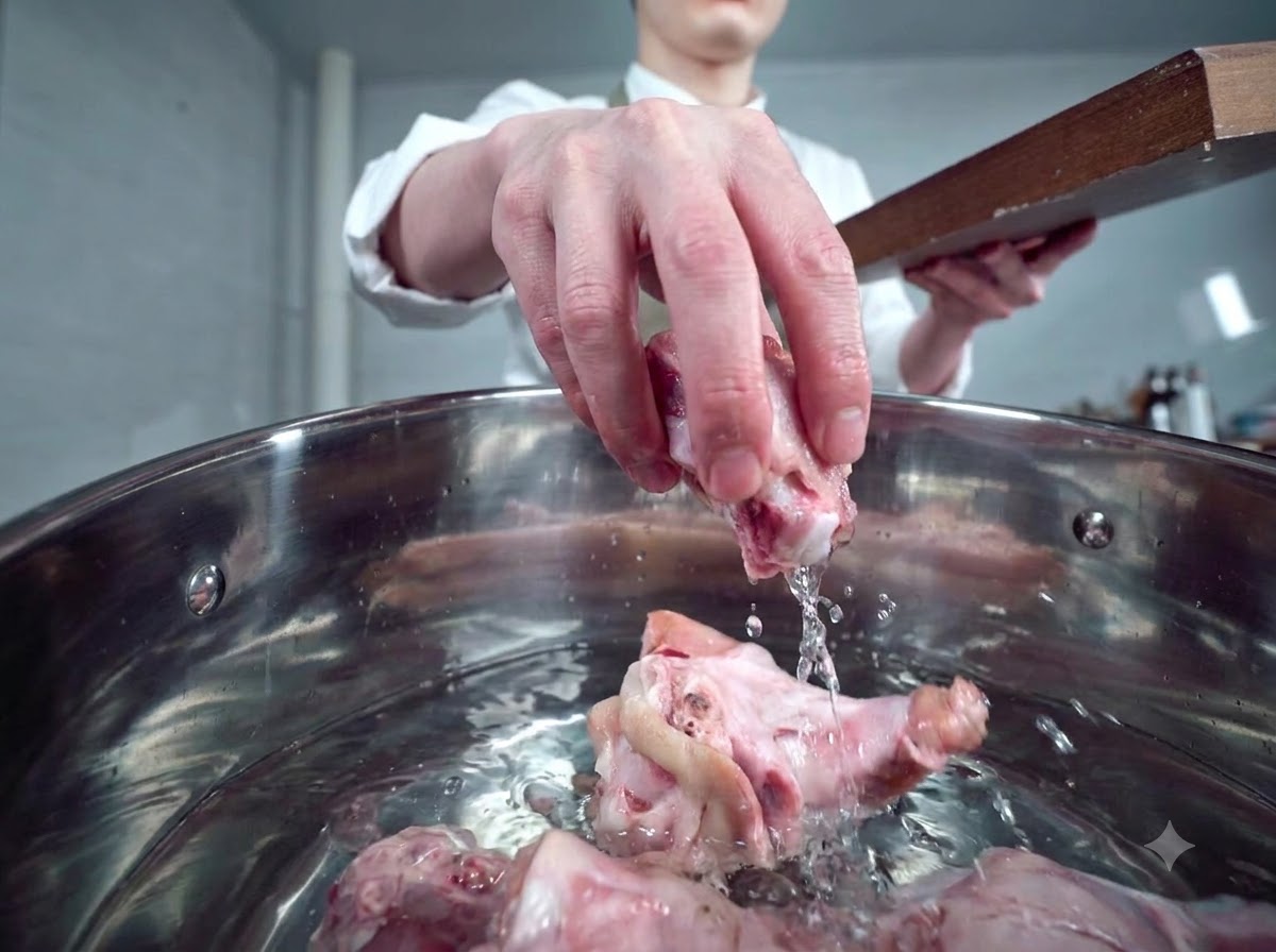찬물이 담긴 스테인리스 냄비에 생 돼지 사골과 족발을 넣는 모습.