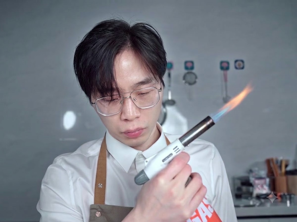 안경을 쓰고 흰색 셰프 복장을 한 사람이 요리용 토치에 불을 붙여 들고 있는 모습.