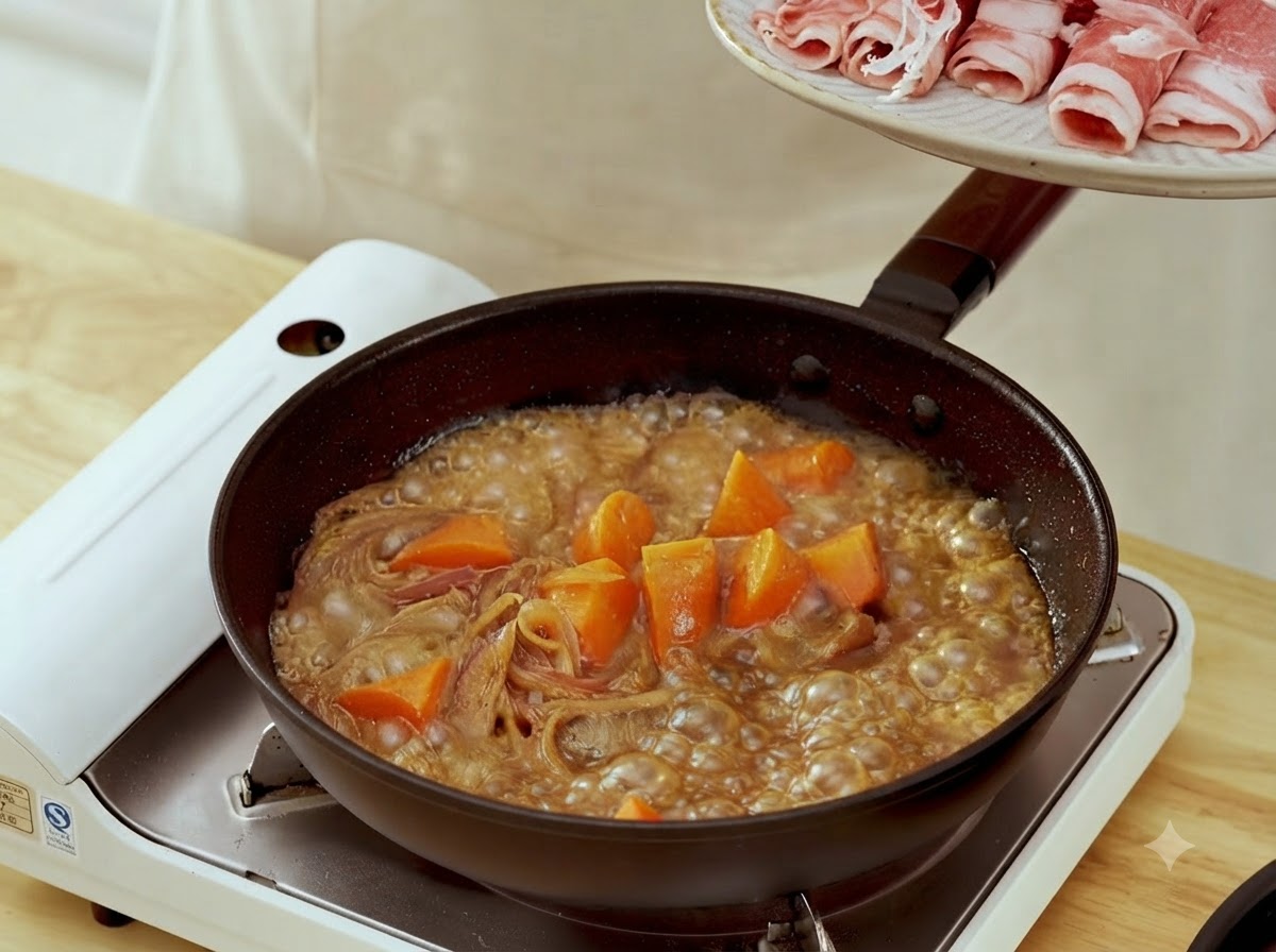 당근과 감칠맛 나는 소스가 끓고 있는 팬에 얇은 소고기 슬라이스와 초록색 브로콜리 송이를 넣는 모습.