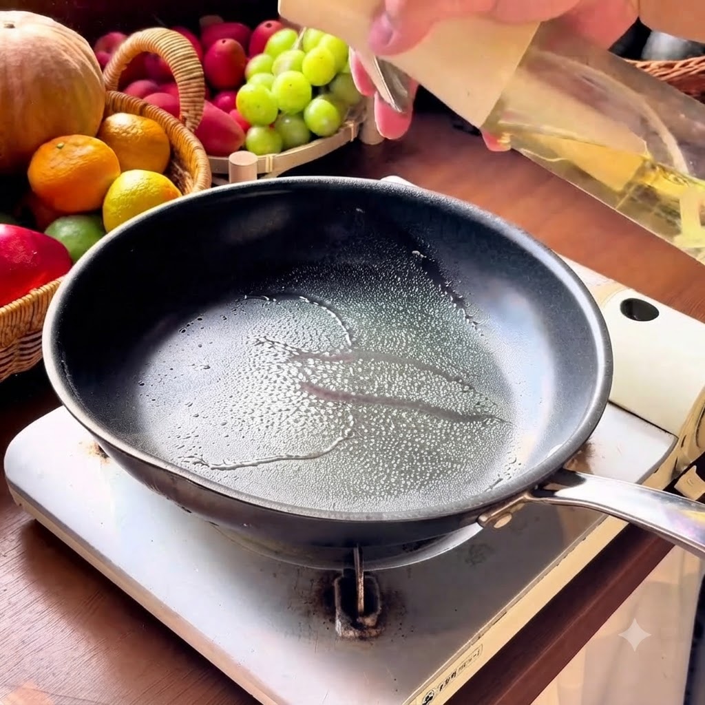 가열된 코팅 팬 위에서 익어가는 계란 위에 찢은 맛살을 얹은 모습.