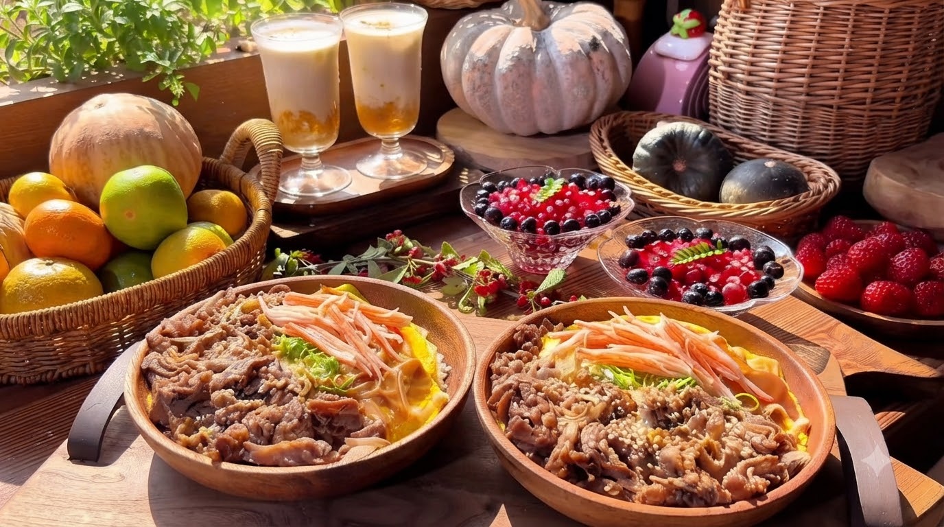 가을의 맛: 맛살 계란 스크램블 소고기 덮밥과 금목서 단호박 우유