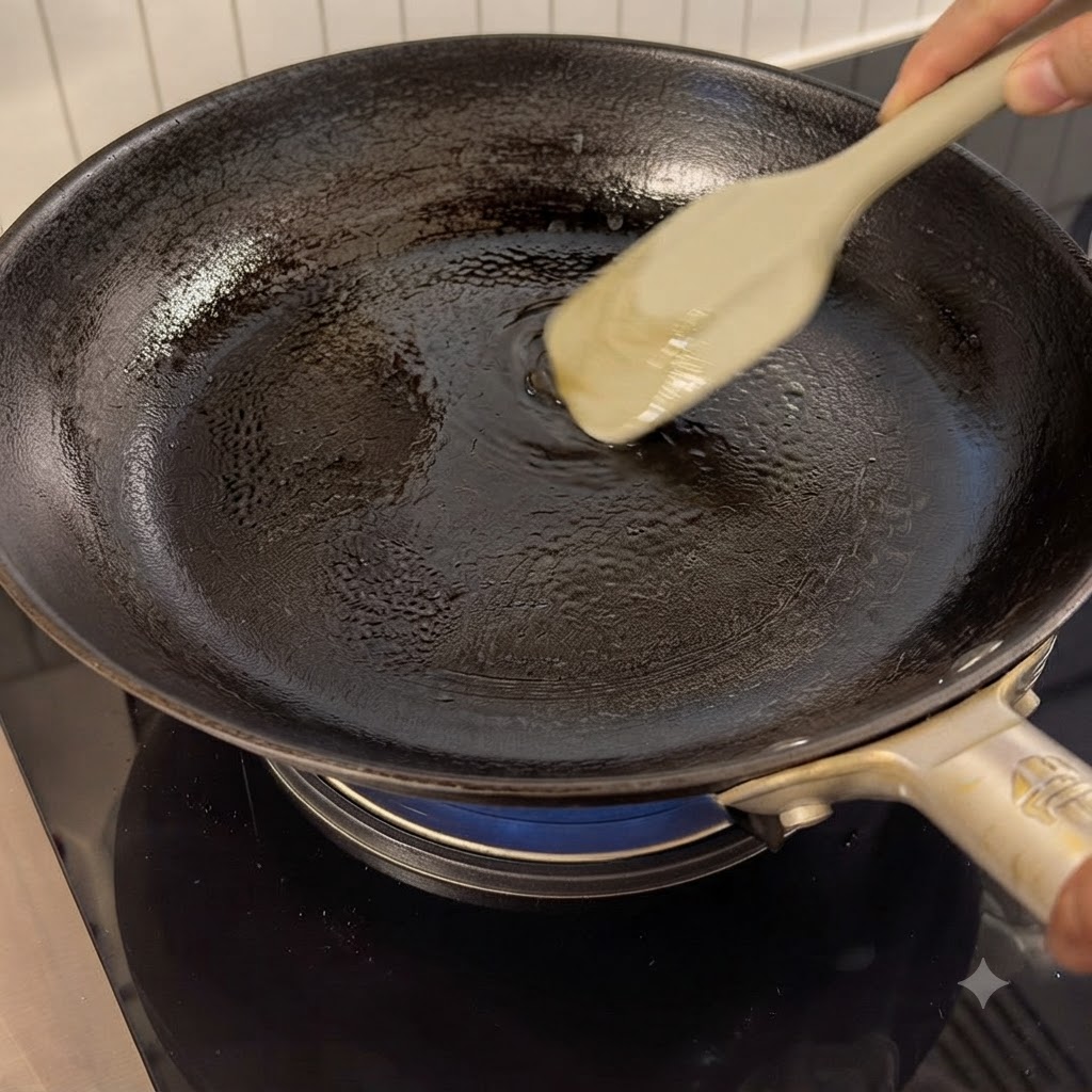 버너 위에서 실리콘 주걱으로 식용유를 두른 검은 팬을 젓고 있는 모습.