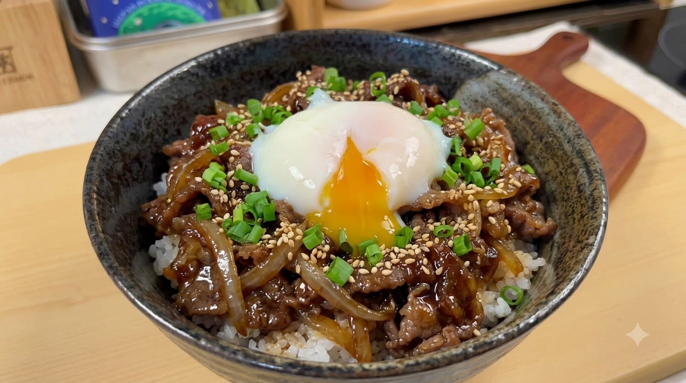 부드러운 반숙 온센타마고, 신선한 쪽파, 구운 참깨를 얹은 든든한 데리야끼 소고기 덮밥입니다cite: 1.