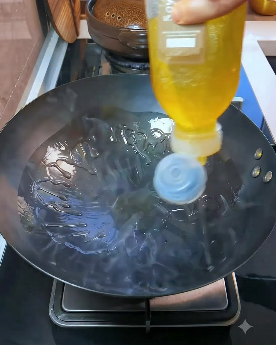 노란색 병에서 달궈진 웍으로 식용유가 짜져 나오는 모습.