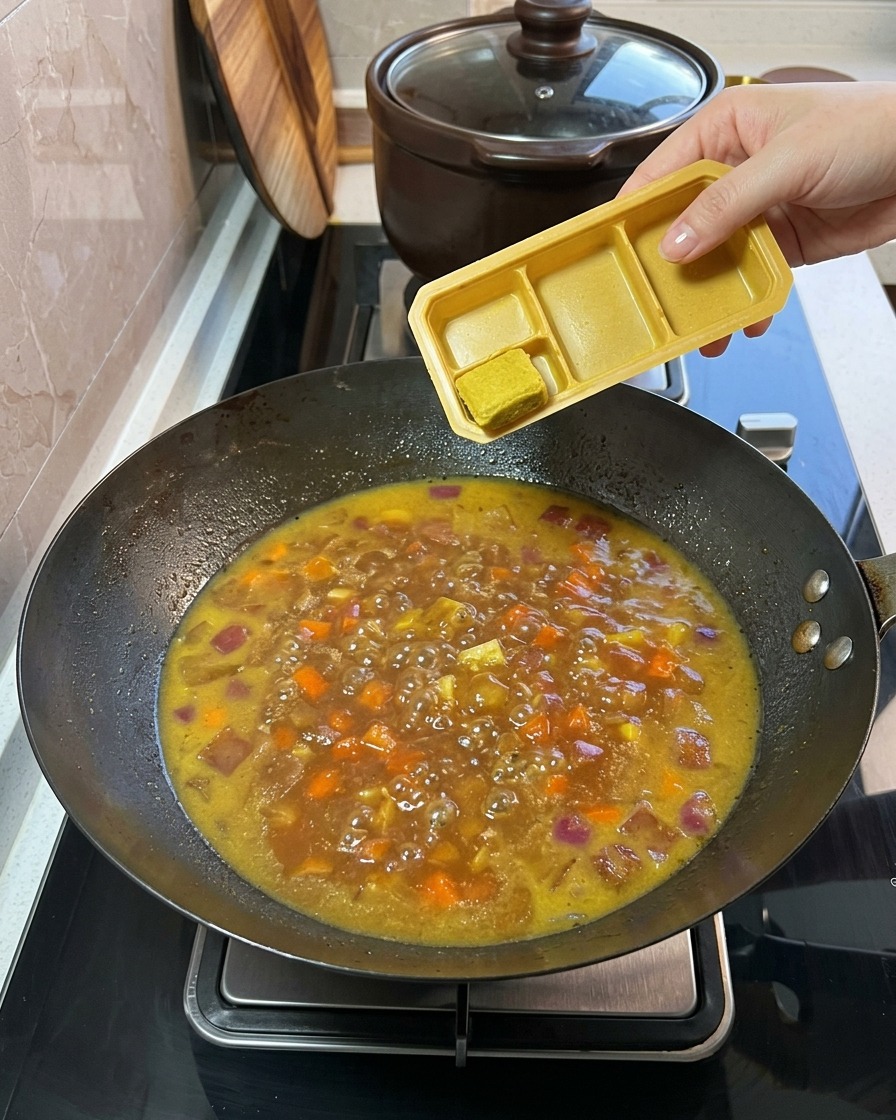 플라스틱 트레이에 담긴 고체 카레 블록들이 끓고 있는 채소와 육수 혼합물 속으로 떨어지는 모습.