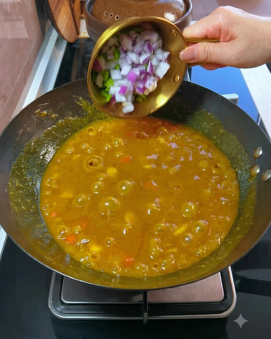 걸쭉하게 끓고 있는 카레 소스가 담긴 웍에 다진 대파와 적양파가 추가되는 모습.