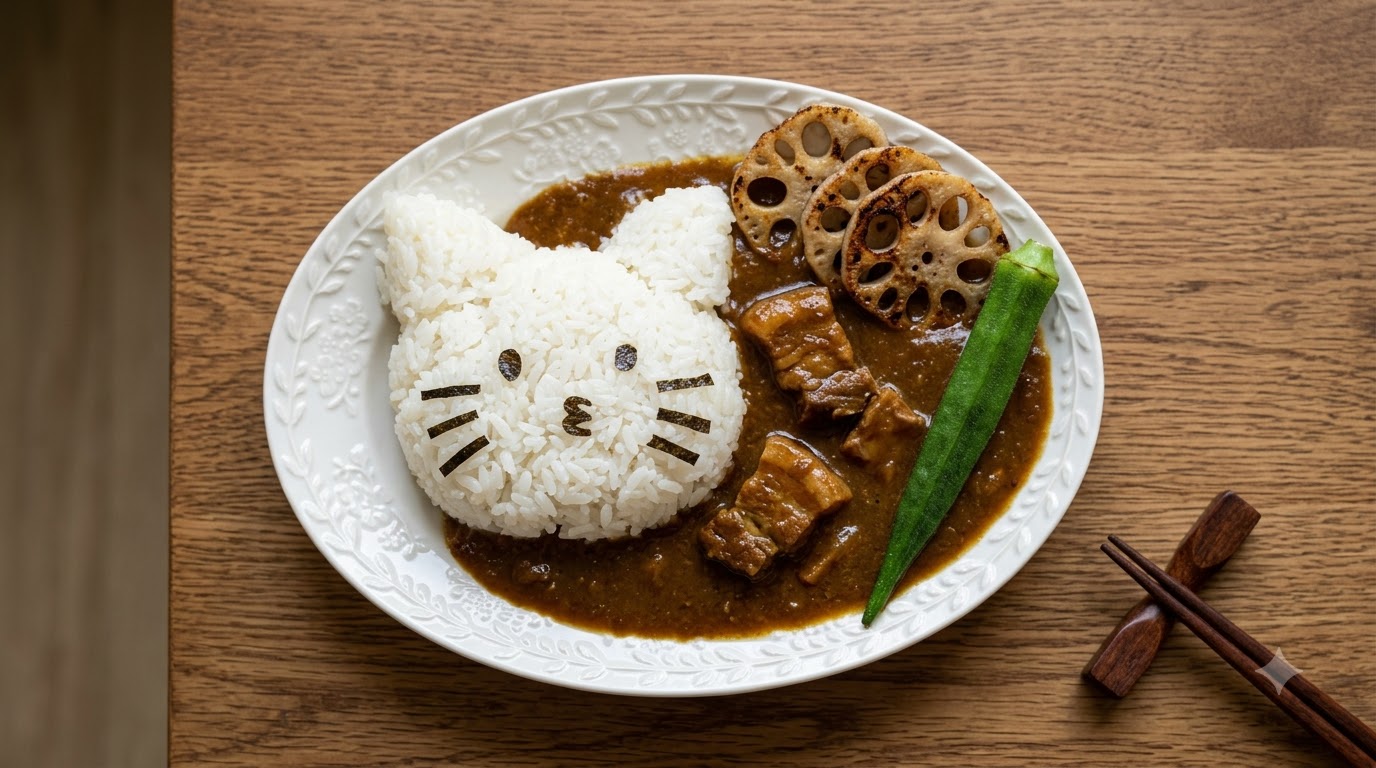 진하고 풍부한 맛의 돼지고기 삼겹살 카레와 귀여운 고양이 밥