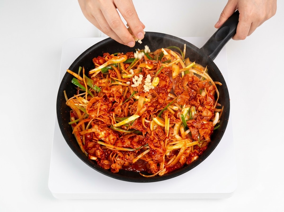 빨갛게 잘 볶아진 제육볶음 위에 고소한 통참깨가 뿌려지는 모습.