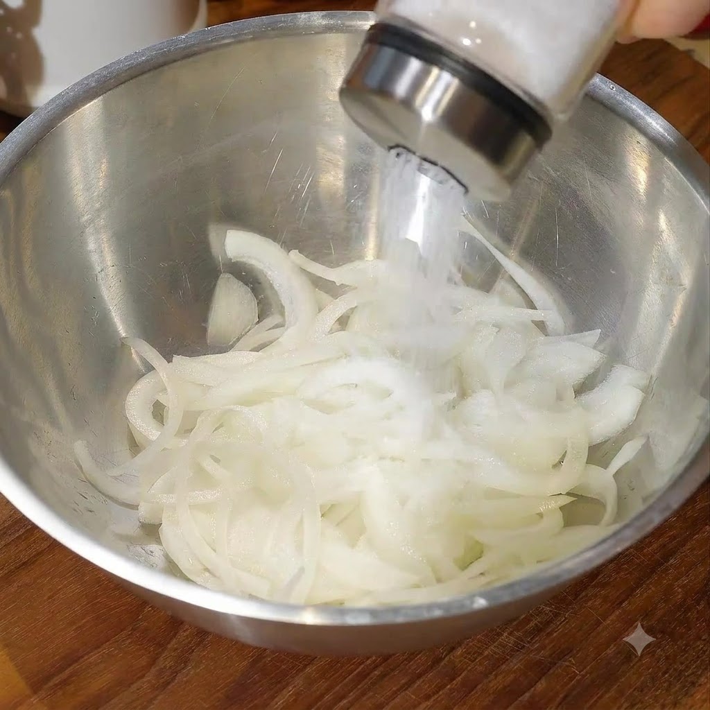 썰어둔 양파가 담긴 금속 볼에 설탕과 물을 넣고 손으로 가볍게 버무리는 모습.