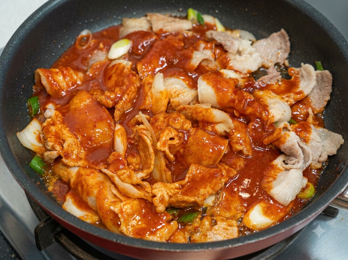 팬에서 지글지글 끓는 돼지고기와 채소 위에 붉은 양념장을 붓고 있는 모습.
