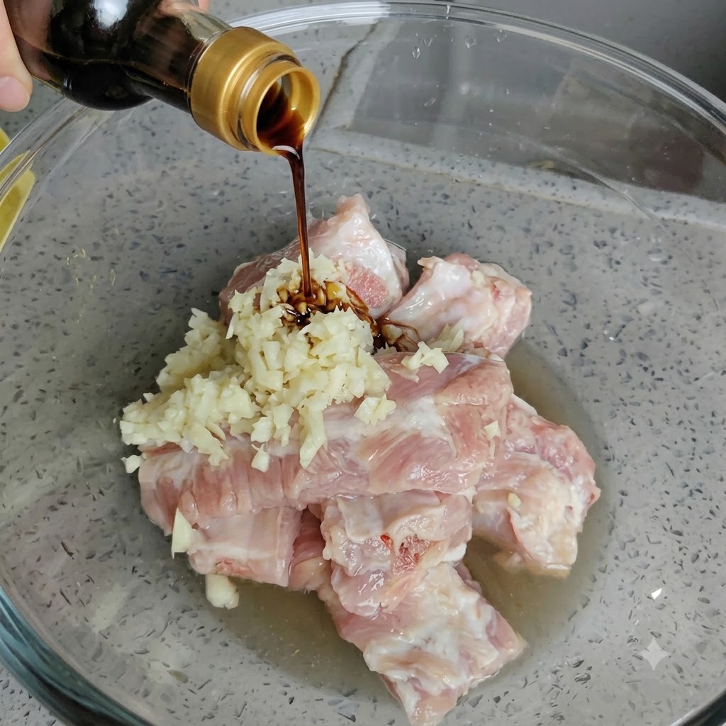 병에 든 진간장을 갈비와 마늘 혼합물 위로 따르는 모습.
