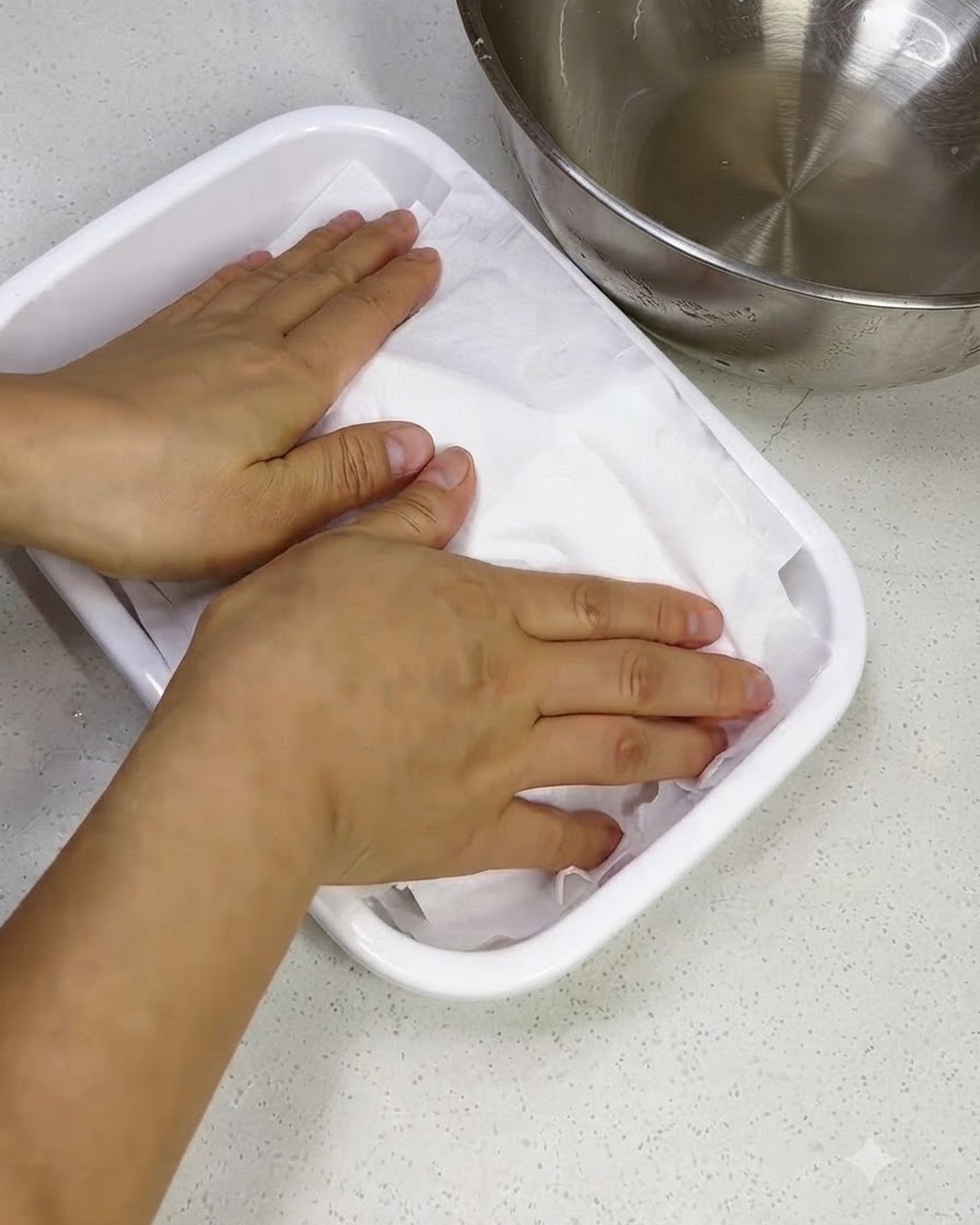 하얀색 직사각형 접시에 담긴 생돼지갈비 위에 흰색 키친타월을 올려 손으로 꾹꾹 누르는 모습