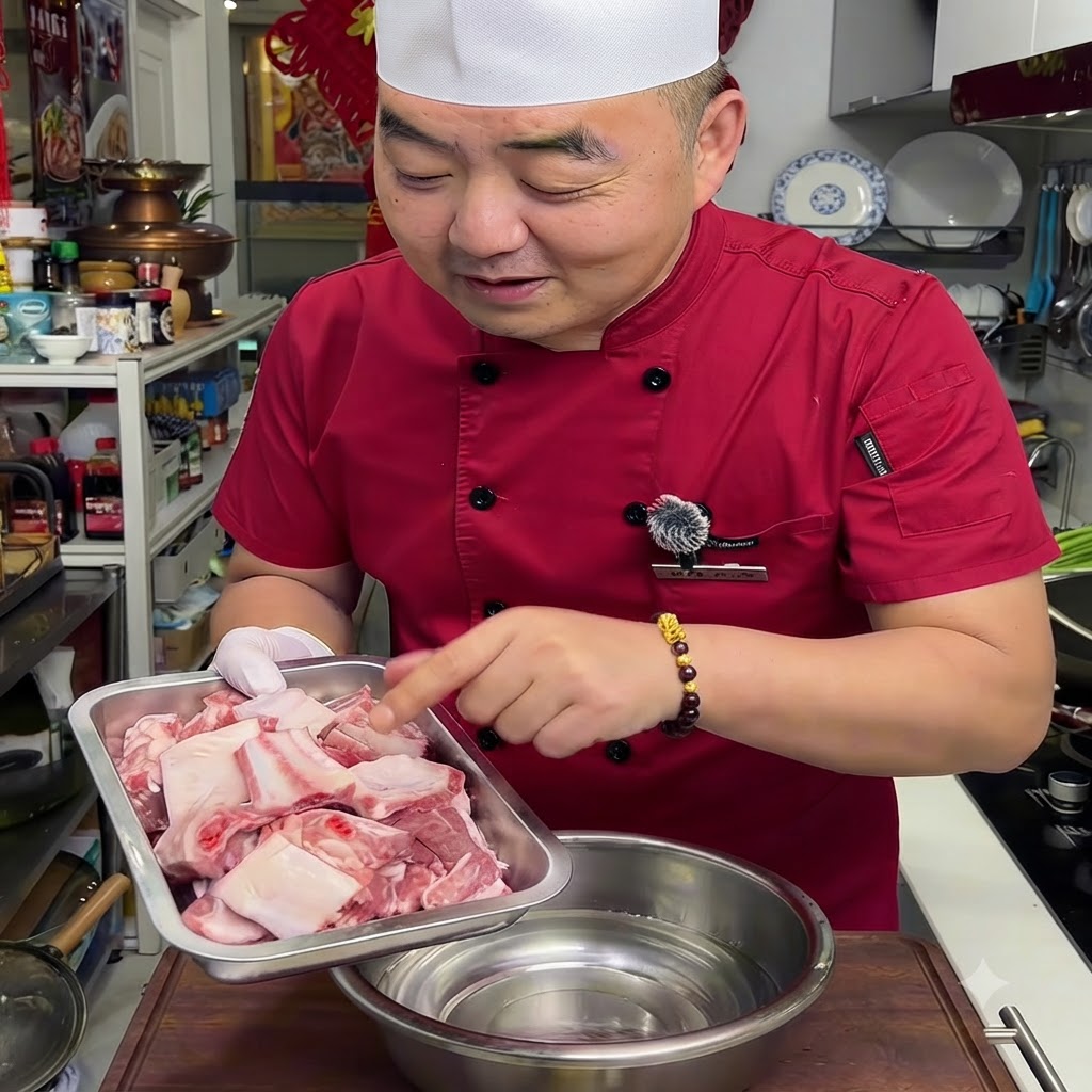 금속 준비 트레이 위에 정돈된 신선하고 잘게 썬 생 돼지갈비.