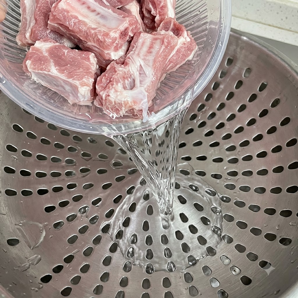 채반 안에서 물기가 빠지고 있는 희끄무레한 생 갈비 조각들.