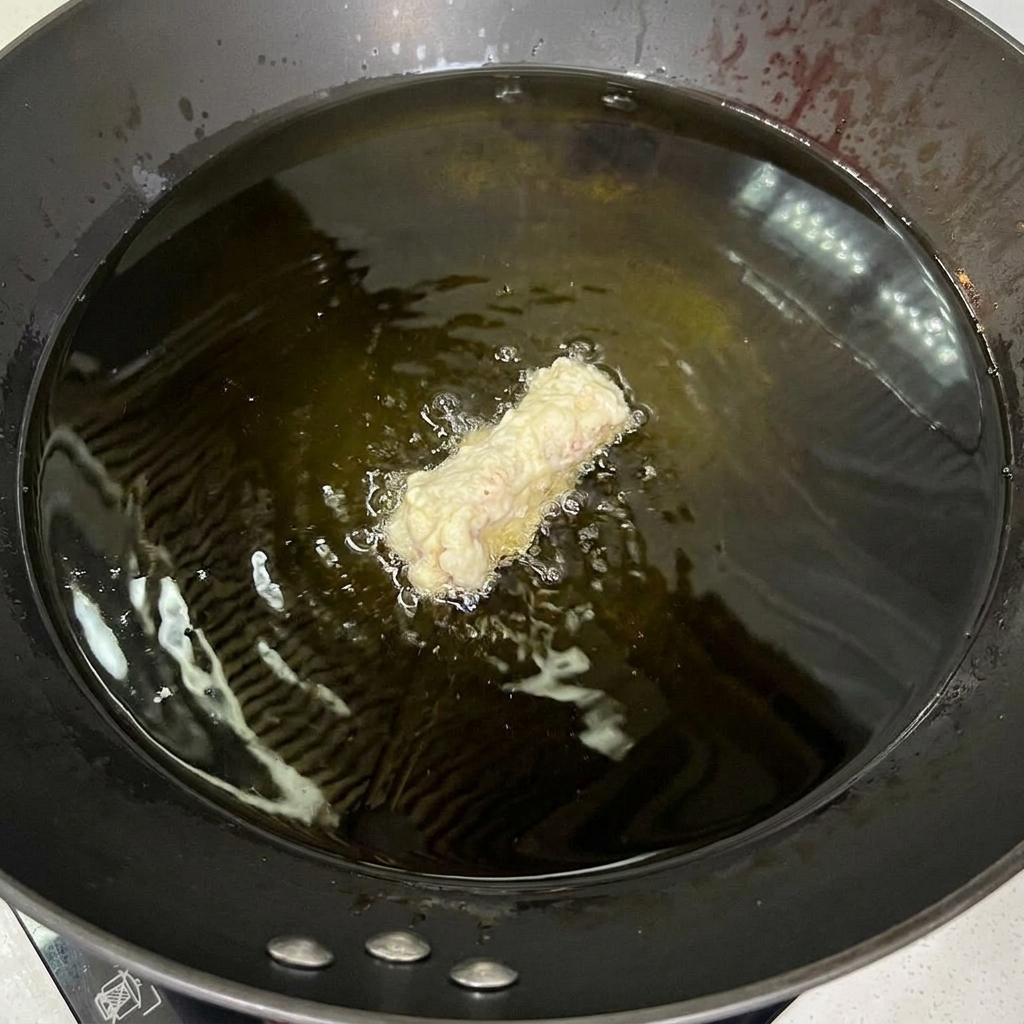 검은색 웍 안의 뜨겁고 아지랑이가 피어오르는 식용유 속으로 반죽 옷을 입힌 돼지갈비 한 조각이 미끄러지듯 들어가는 모습.