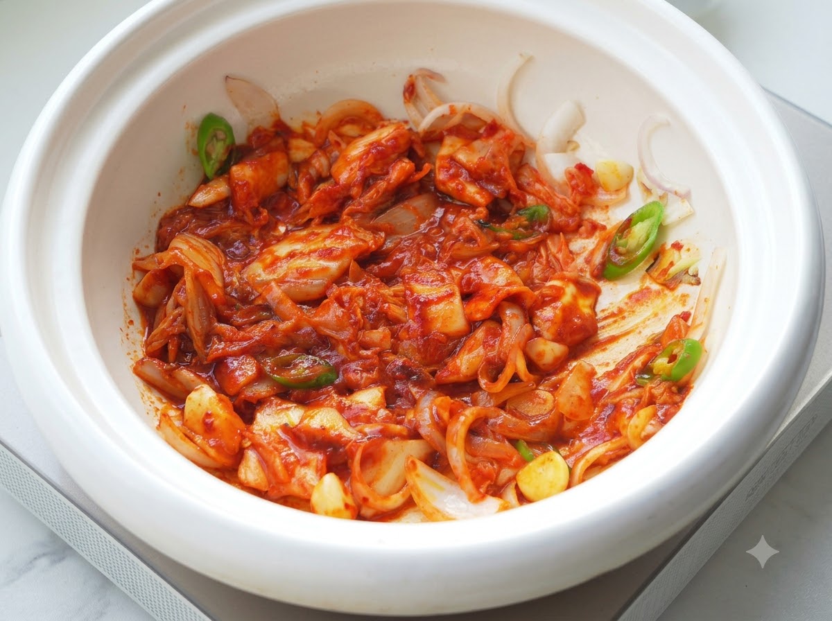 김치와 고추장이 섞인 붉고 매콤한 국물이 냄비 안에서 끓고 있는 모습.