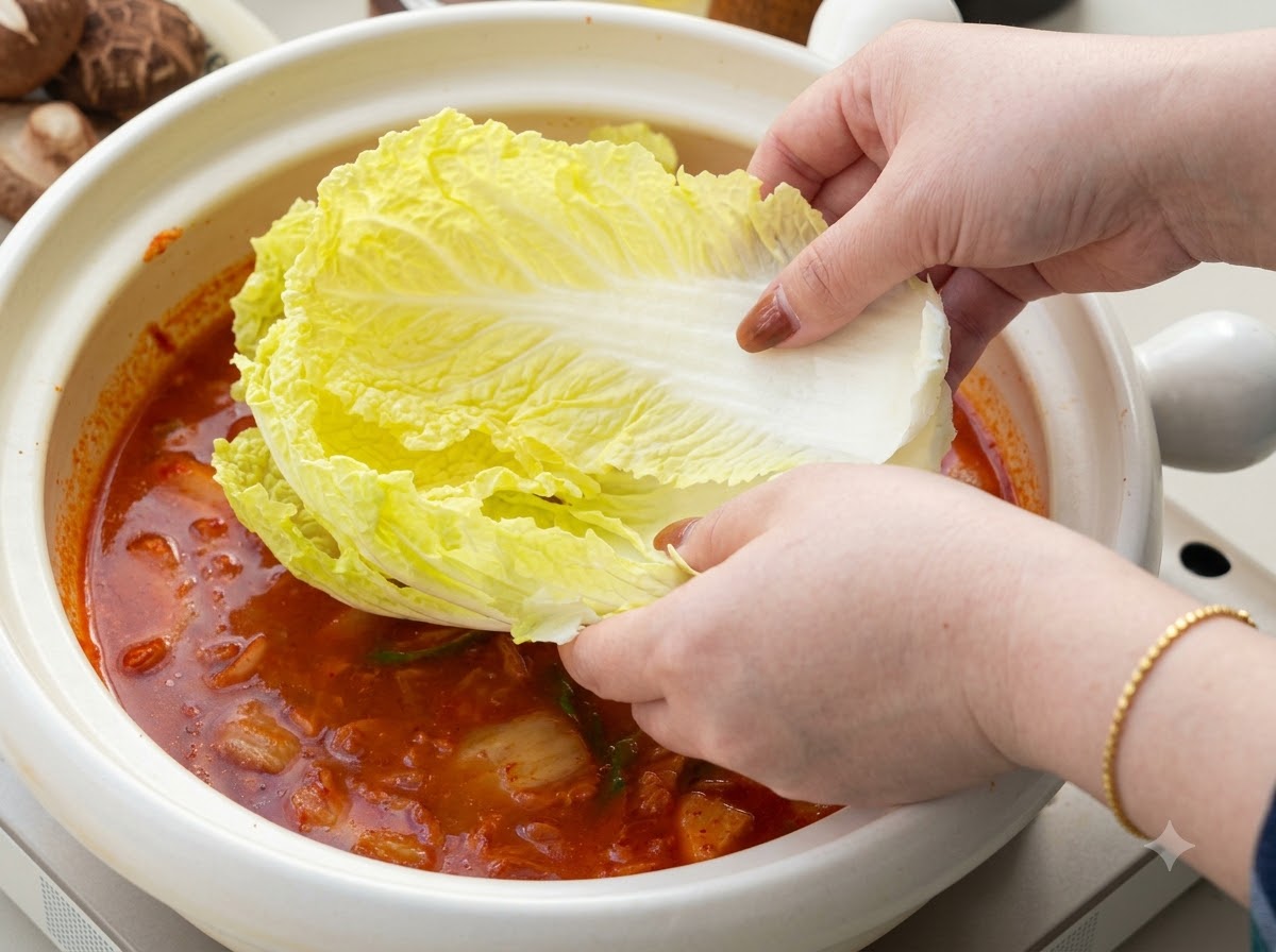 손으로 신선한 배추 잎을 붉게 끓는 국물에 넣는 모습.