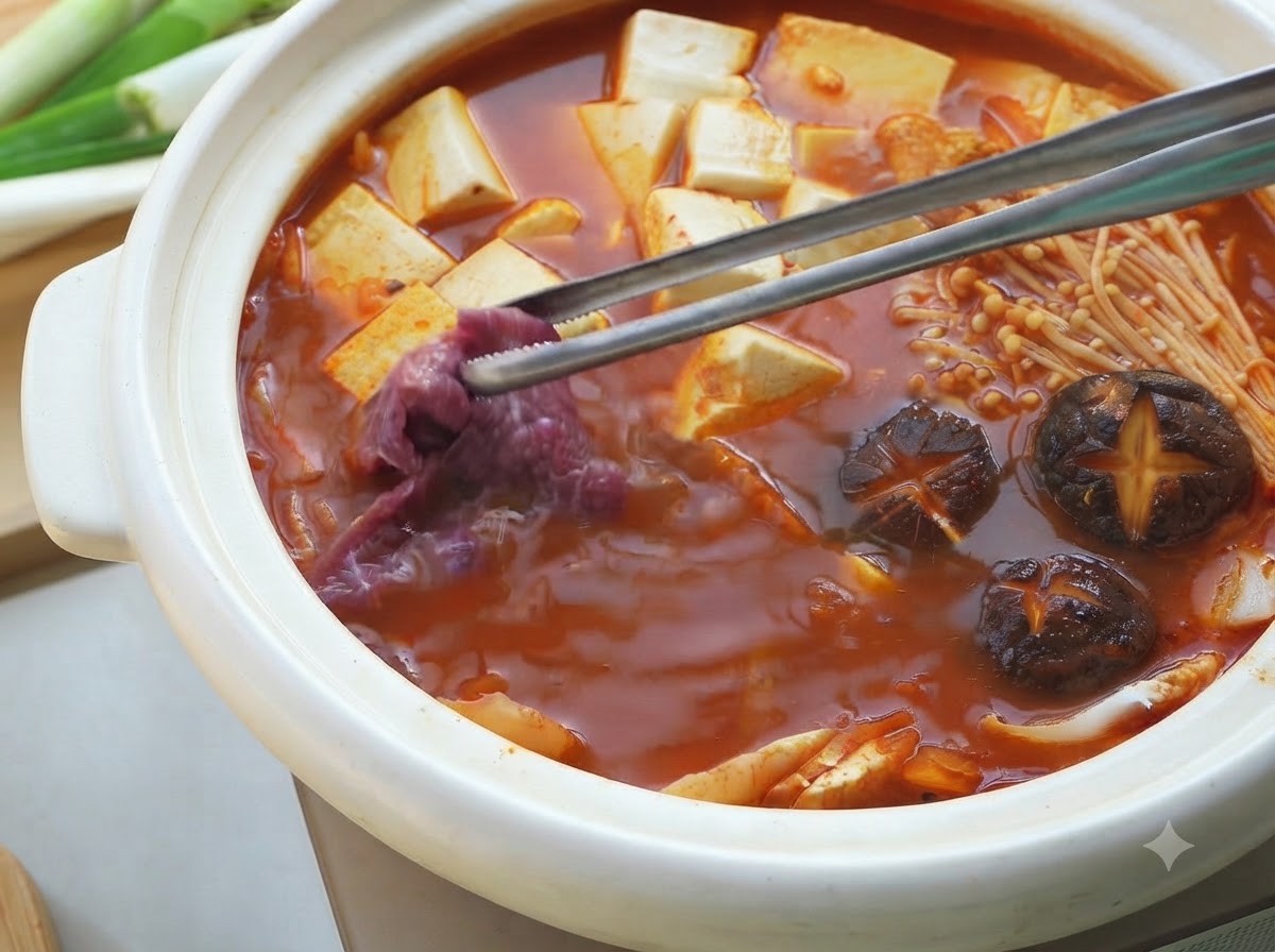 젓가락을 이용해 양념한 소고기를 보글보글 끓는 붉은 찌개에 넣는 모습.