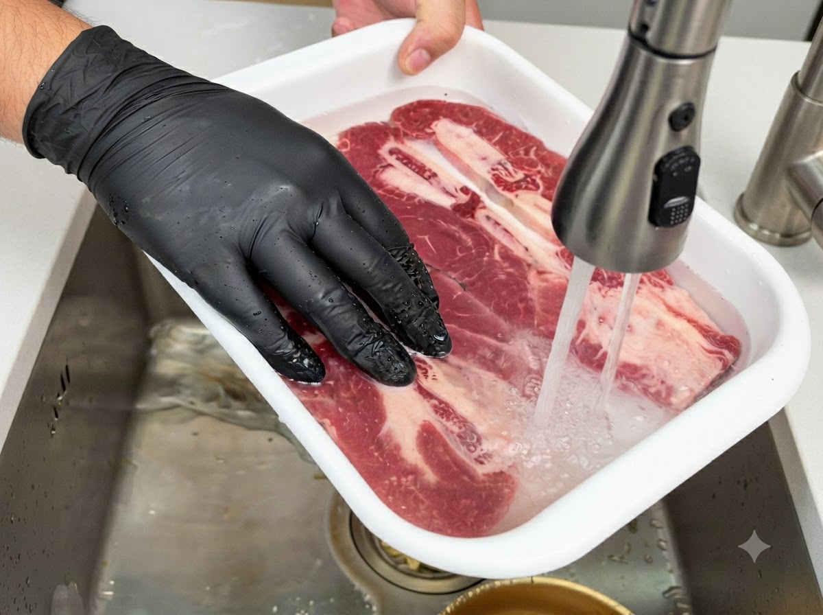 수돗물 아래 흰색 용기에 담긴 찬물 속에 생갈비가 잠겨 있는 것을 장갑 낀 손으로 다듬는 모습.