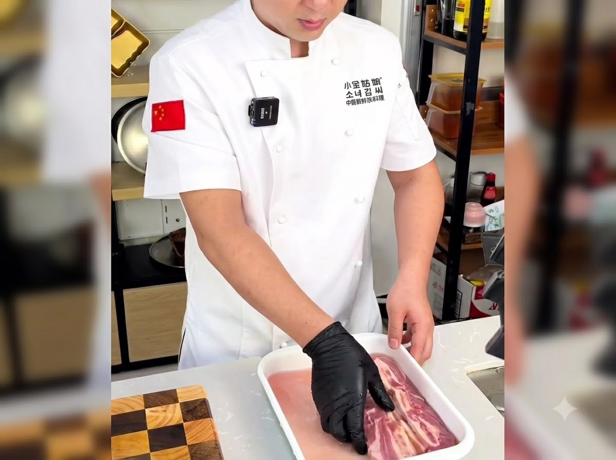 트레이에 담긴 물속에서 장갑 낀 손으로 남은 핏물을 조심스럽게 씻어내고 있는 LA 갈비.