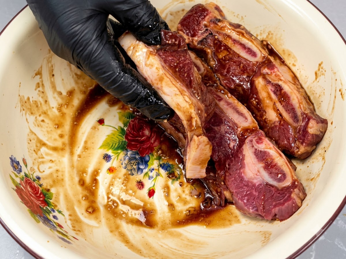검은 장갑을 낀 손이 그릇 안에서 생갈비 조각들에 어두운 색상의 양념을 골고루 주무르며 섞는 모습.