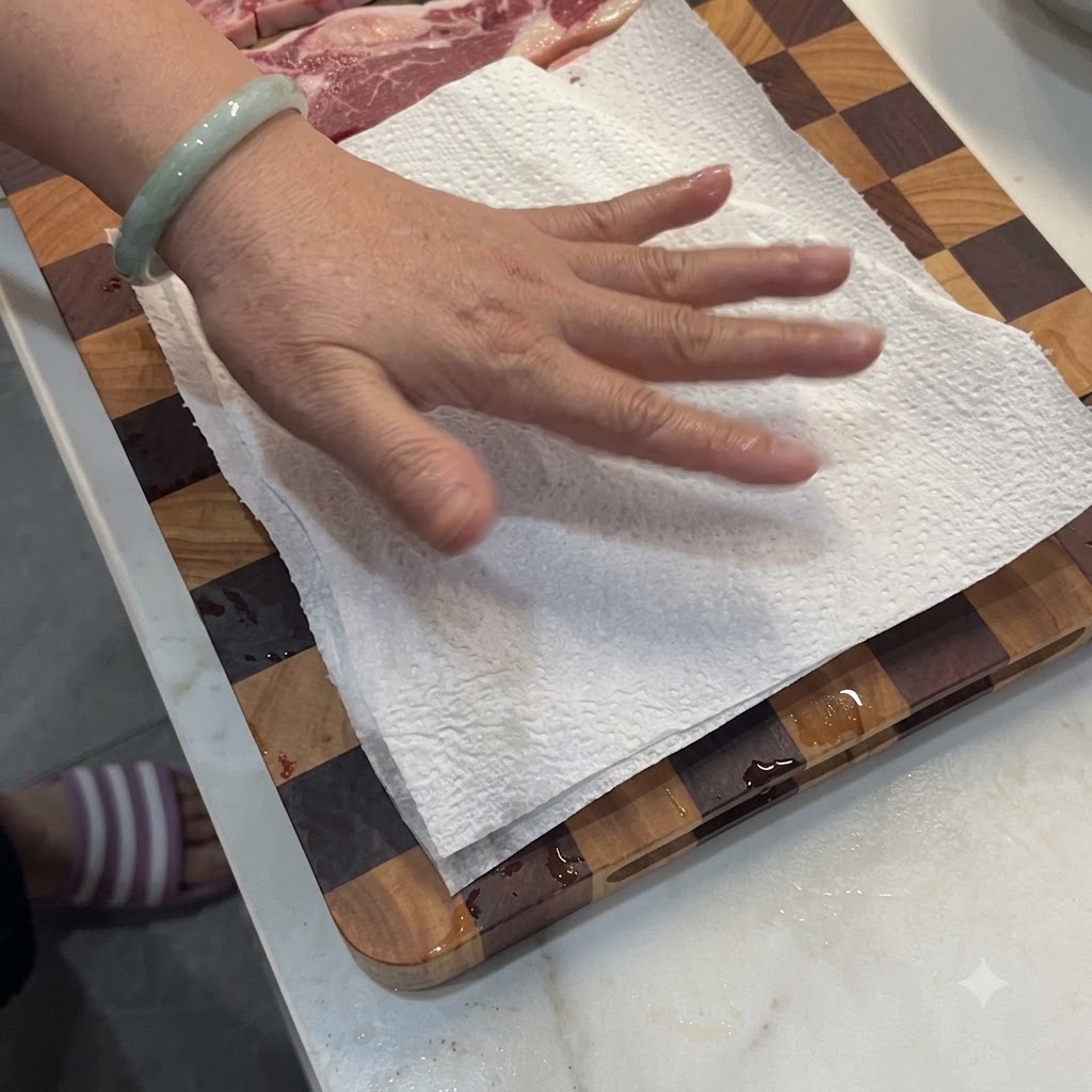 도마 위에 놓인 생 소갈비의 물기를 키친타월로 닦아내는 모습.