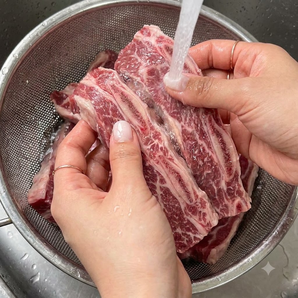 채반에 받쳐 흐르는 수돗물에 깨끗이 씻겨지고 있는 신선한 LA 갈비.