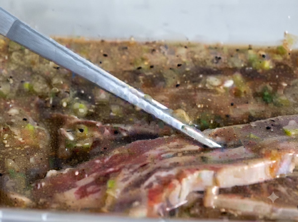 양념에 재워진 쇠고기 갈비가 조리를 위해 달궈진 팬에 올려지는 모습.