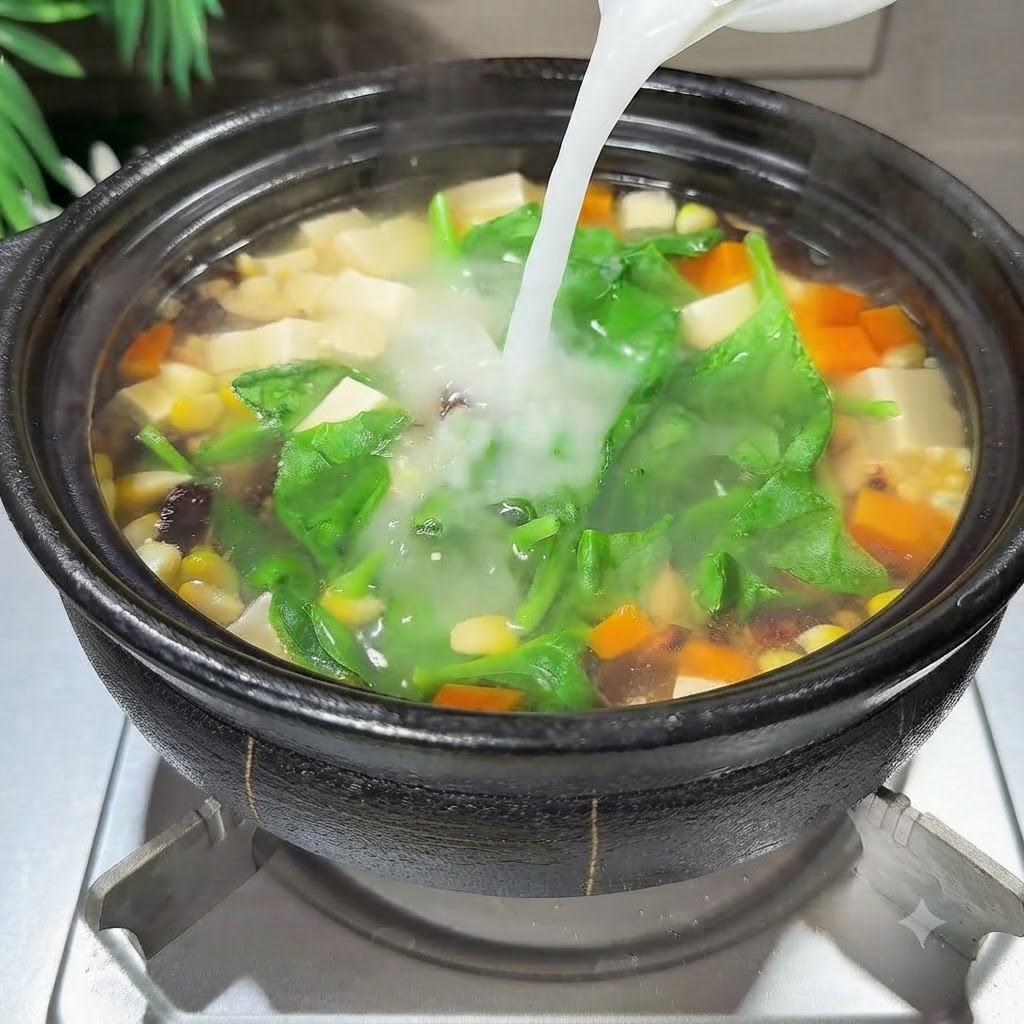 채소와 시금치가 끓고 있는 냄비에 전분물을 붓고 있는 모습.