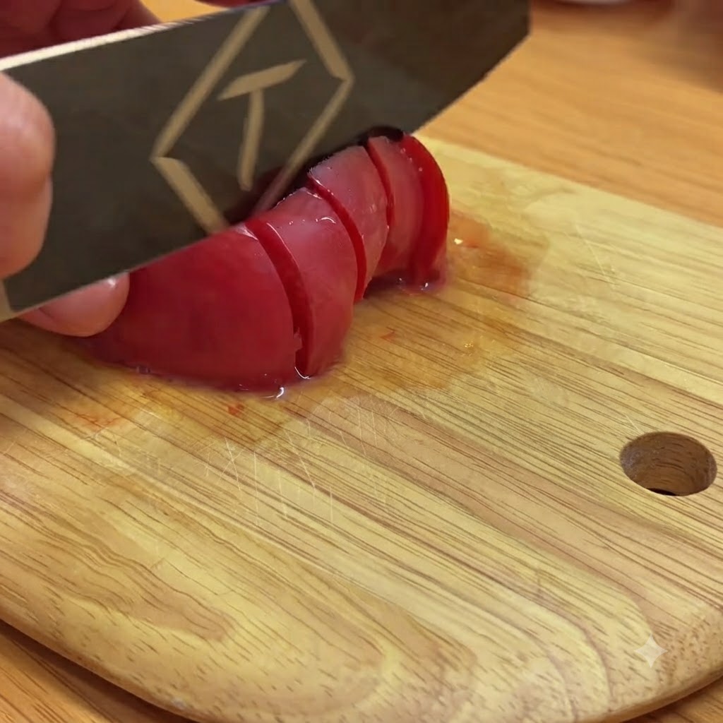나무 도마 위에서 빨간 토마토를 작은 크기로 써는 모습.