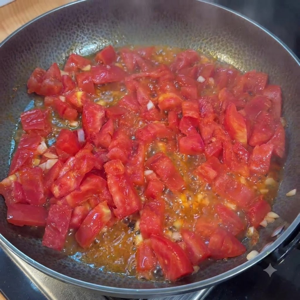 팬에 담긴 토마토에 소금을 뿌린 후 즙이 나오며 푹 익어가는 모습.