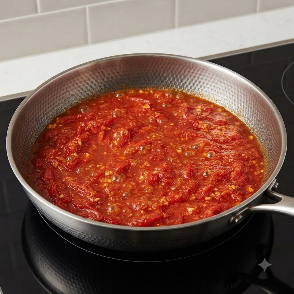 푹 익은 토마토 베이스가 담긴 팬에 물을 붓고 끓이는 모습.