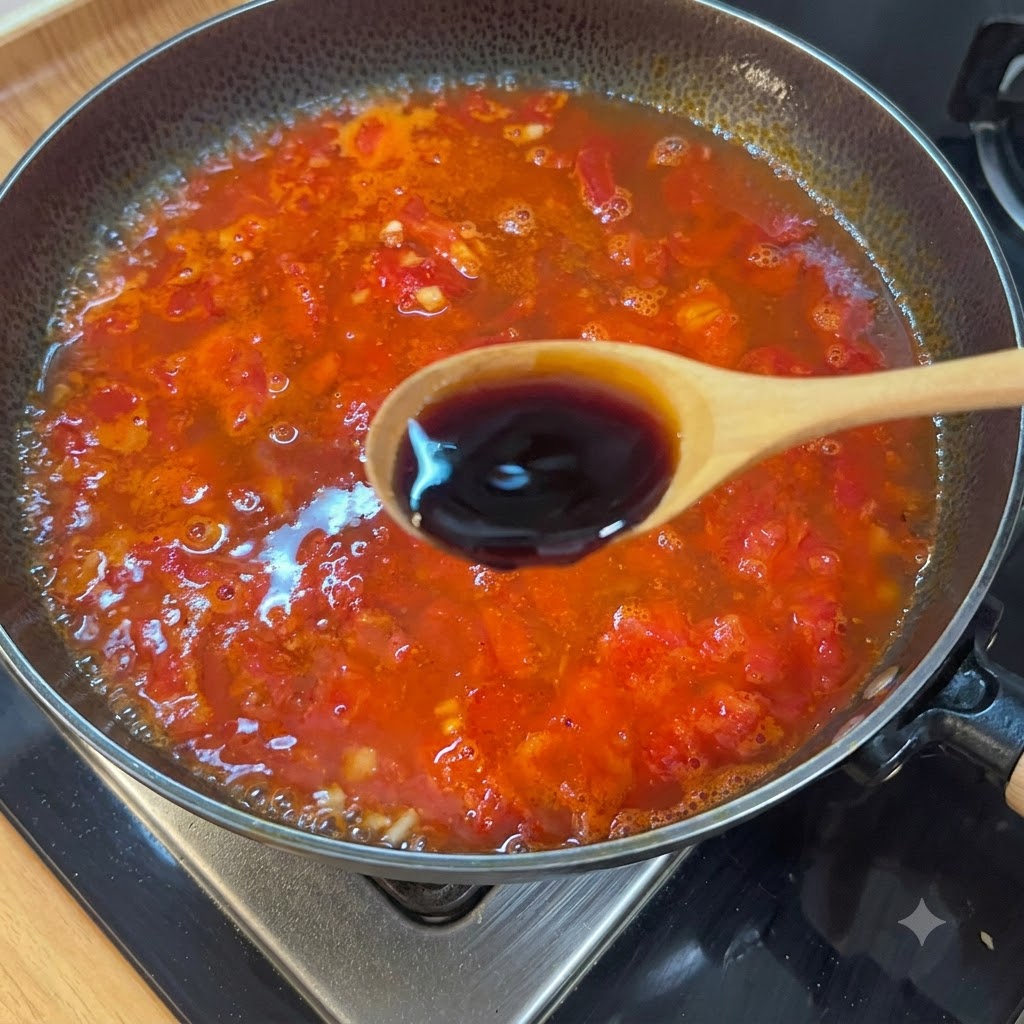 끓고 있는 토마토 국물에 나무 숟가락으로 간장을 더하는 모습.