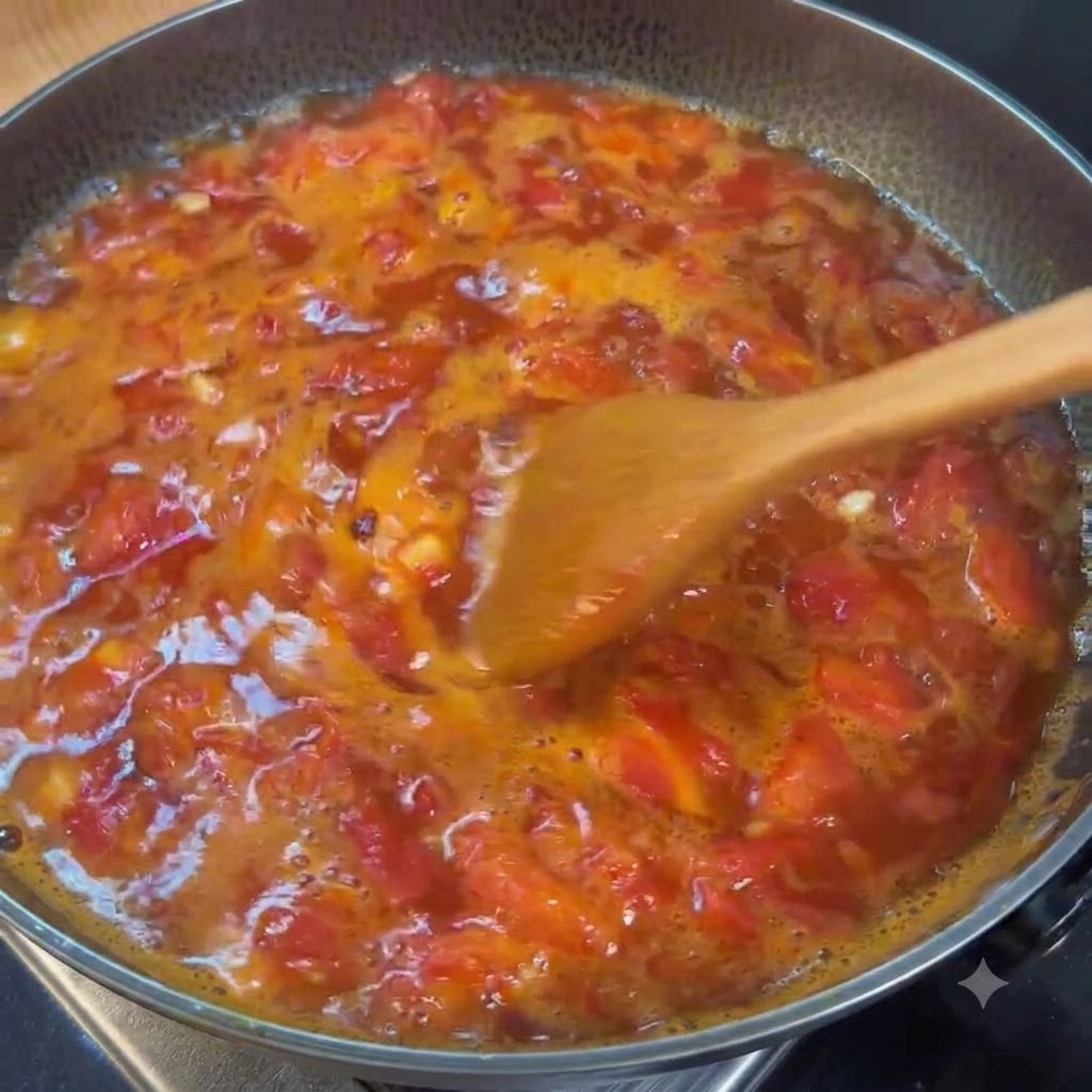 보글보글 끓는 토마토 국물에 신선한 팽이버섯을 넣는 모습.