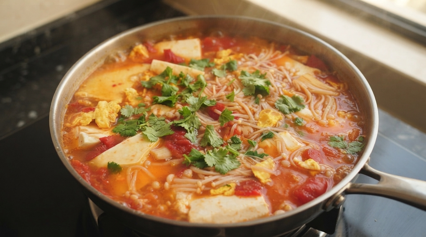 1분 완성 토마토 두부 계란국