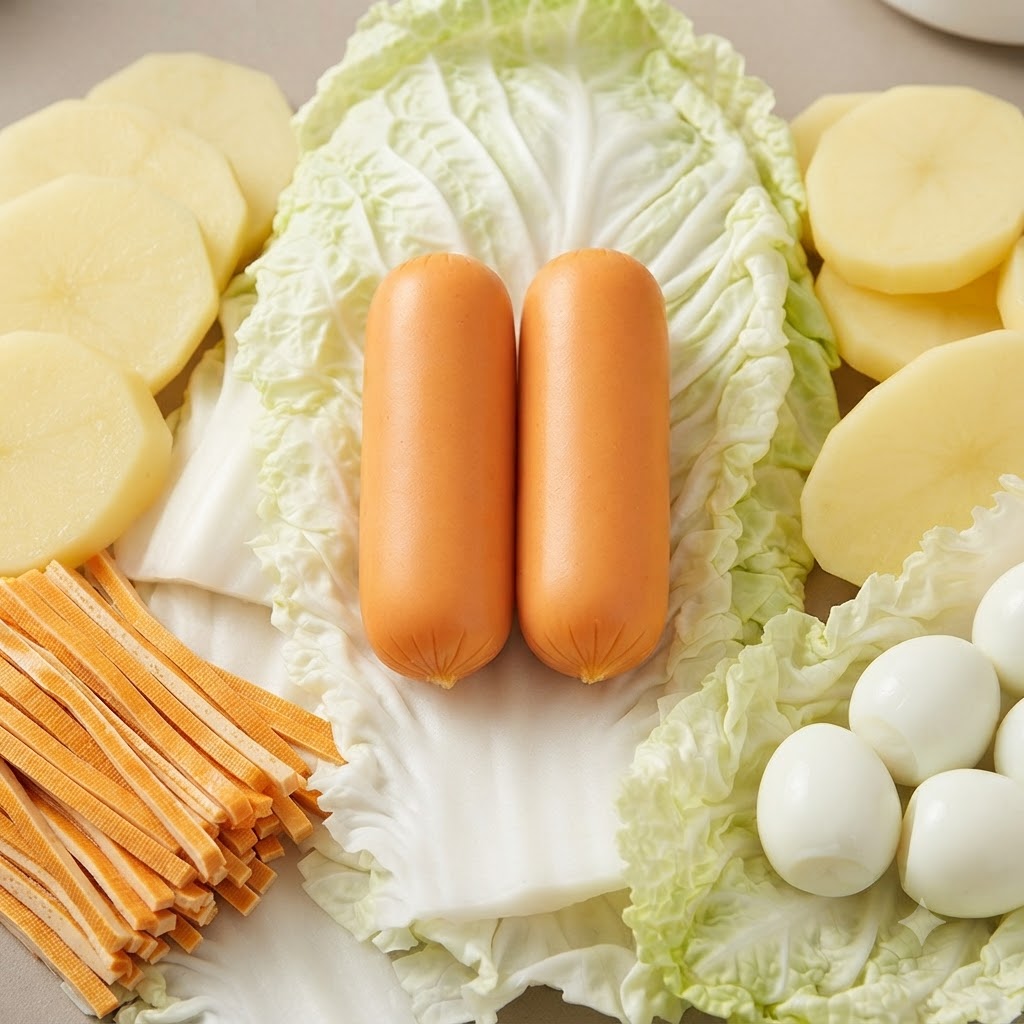 통통한 소시지, 메추리알, 썬 감자, 건조 두부 스트립, 알배기 배추 등 생전골 재료 모음.