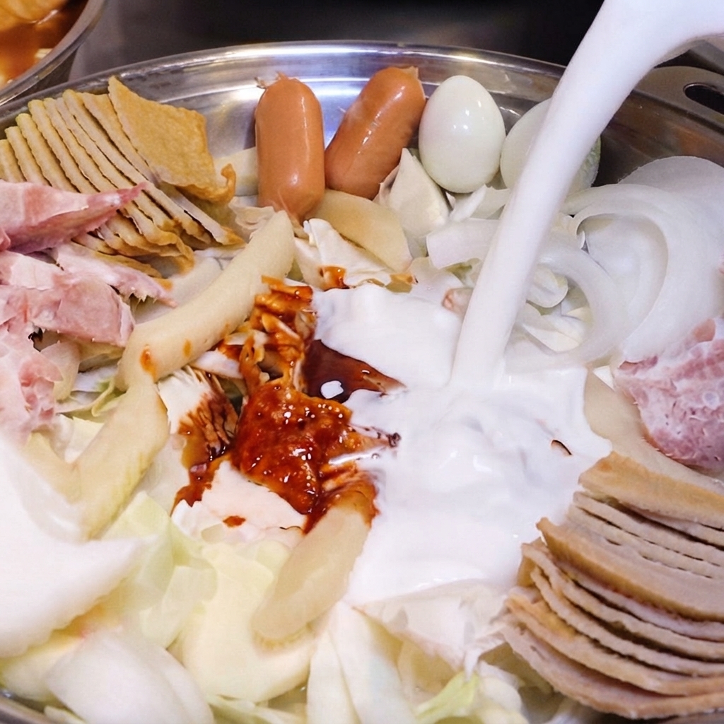다양한 재료, 매운 소스, 썬 양파가 채워진 전골 냄비에 주전자에서 신선한 흰 우유가 부어지는 모습.