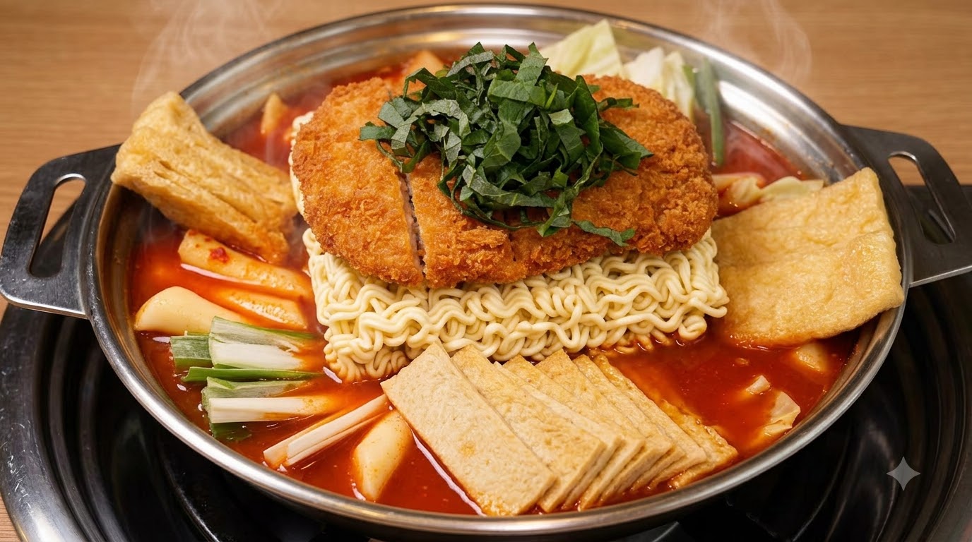 라면 위에 올려진 바삭한 황금빛 치킨 가스와 향긋한 허브, 그리고 금속 냄비 속 다채로운 재료들로 둘러싸인 군부대식 떡볶이 전골의 클로즈업 샷.
