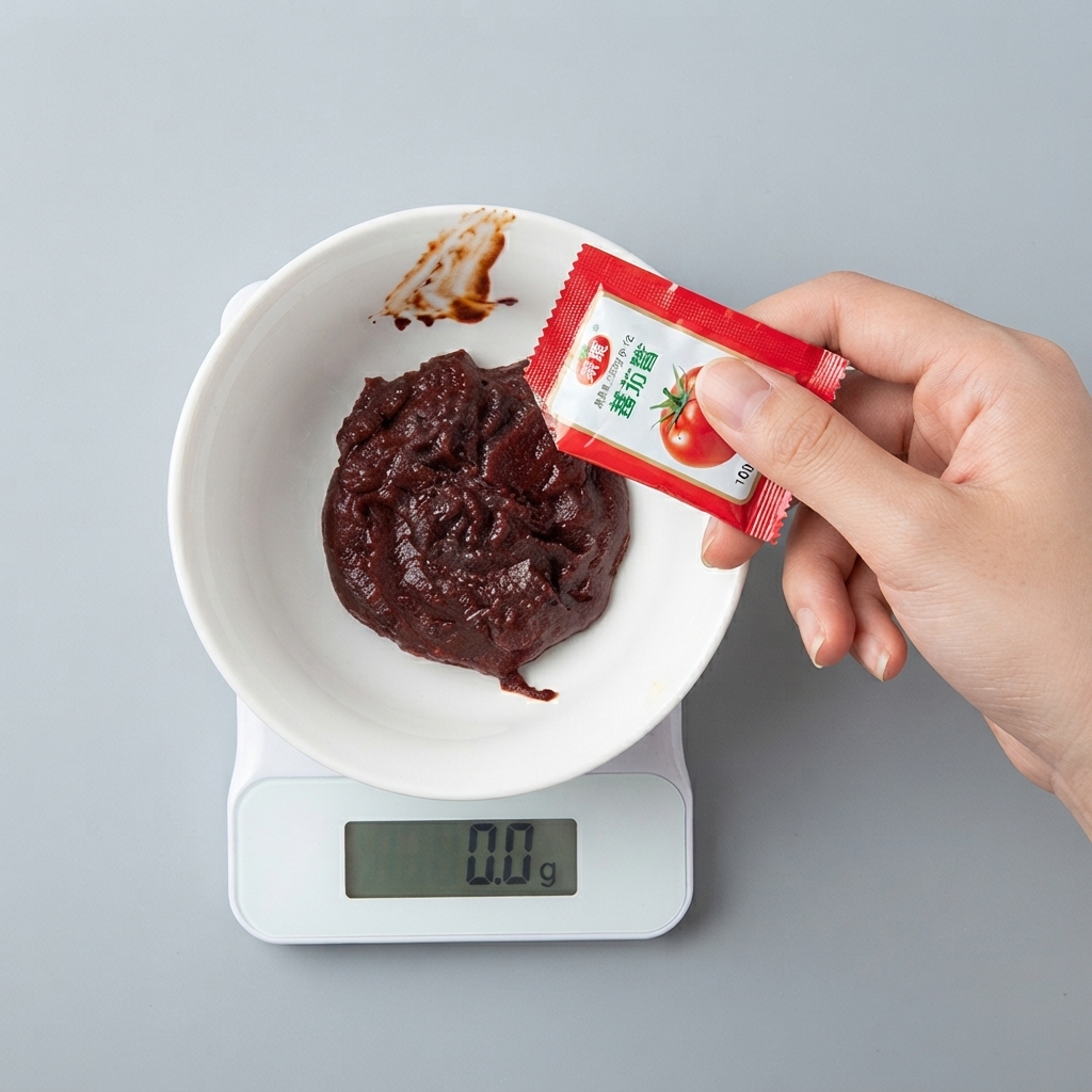 디지털 저울 위의 고추장이 담긴 하얀 볼에 붉은색 토마토 소스 포장을 짜 넣는 손