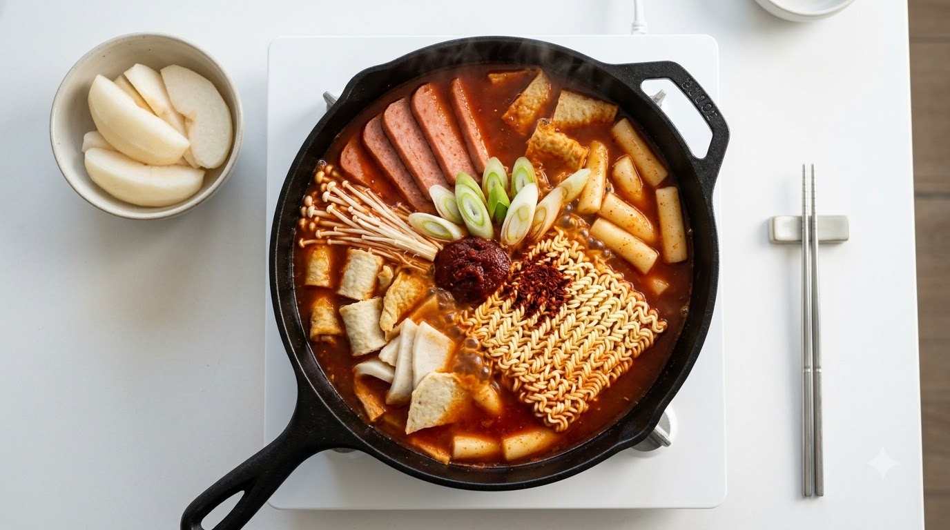 라면 떡을 곁들인 얼큰한 부대찌개