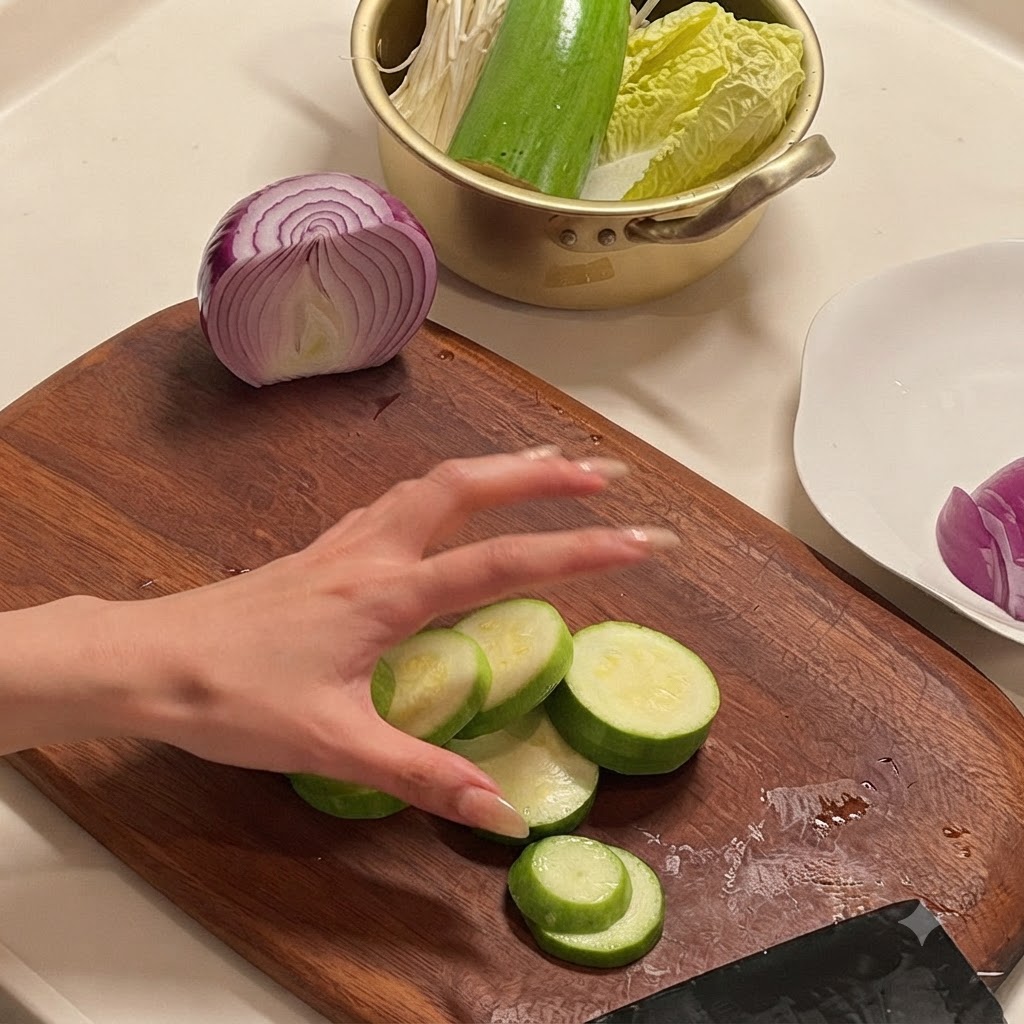 반으로 썬 양파 옆 도마 위에 정갈하게 놓인 애호박 조각들.