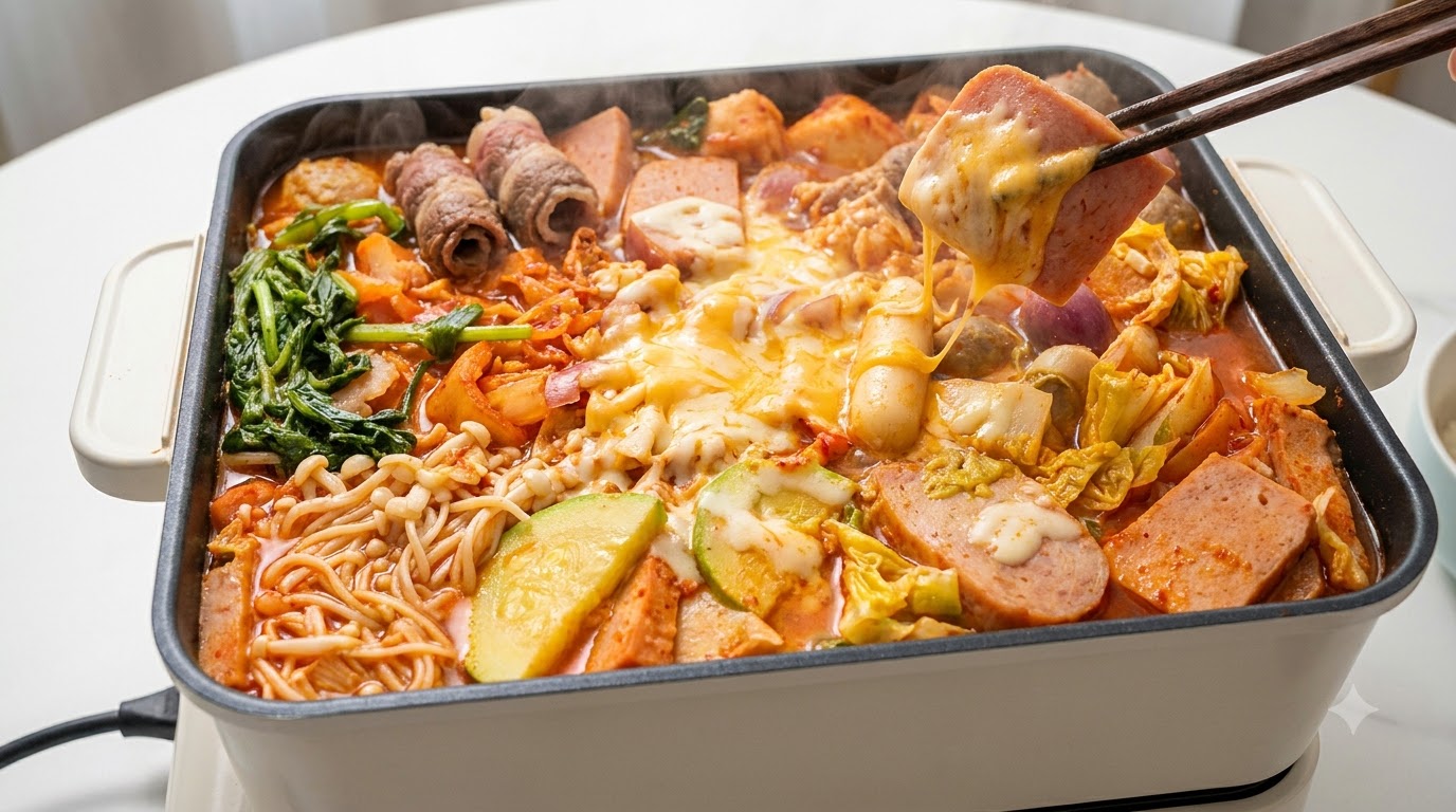 떡을 곁들인 얼큰한 한국식 부대찌개