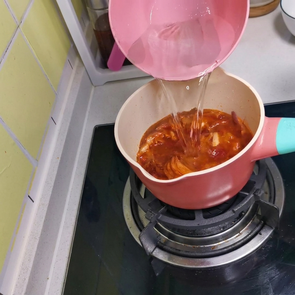 분홍색 물주전자로 냄비에 뜨거운 물을 부어 국물을 만드는 모습