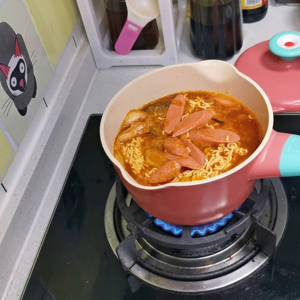 조리 중인 라면과 소시지가 담긴 냄비의 모습