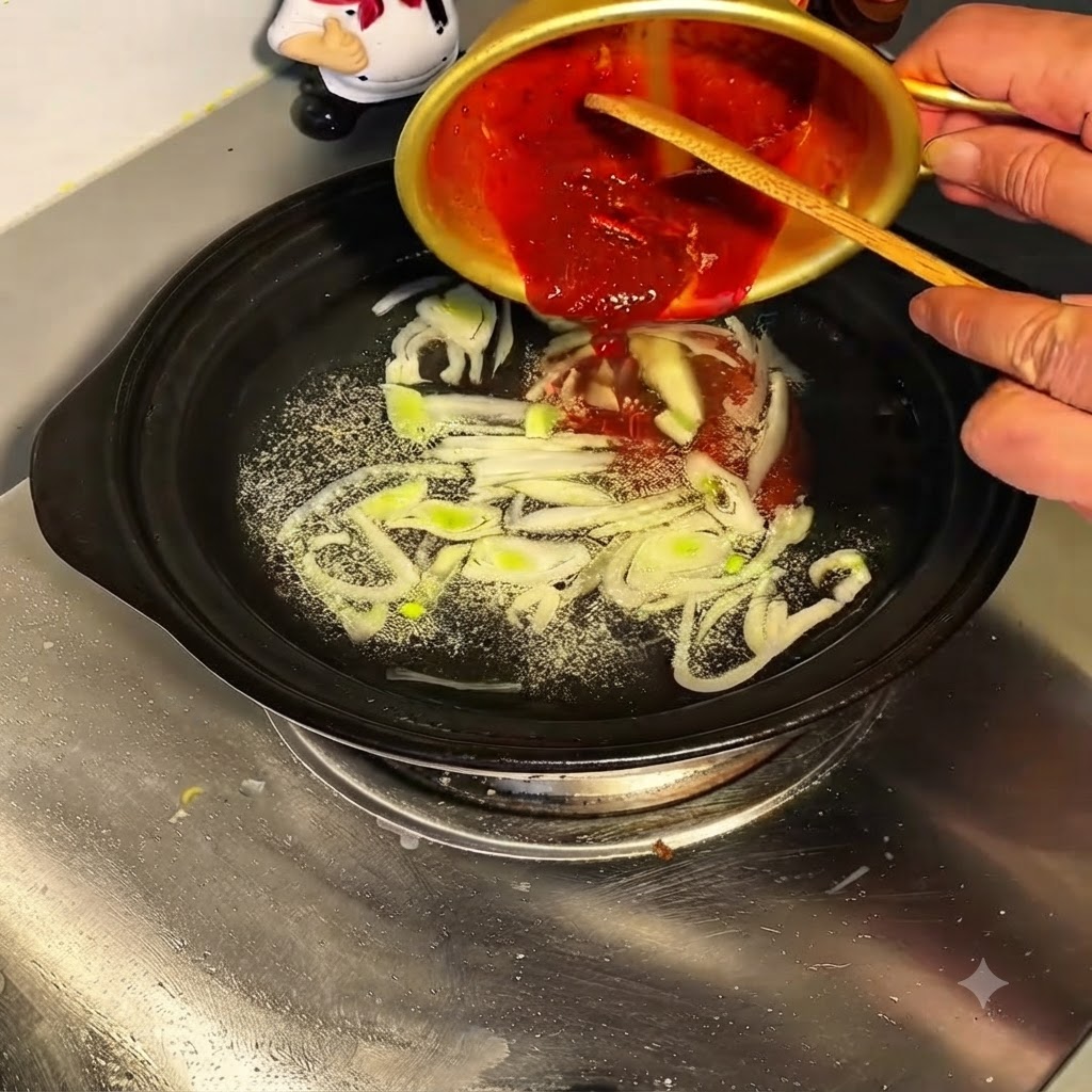물과 대파가 끓고 있는 냄비 안으로 황금색 볼에서 붉은색 소스 혼합물이 부어지는 모습.