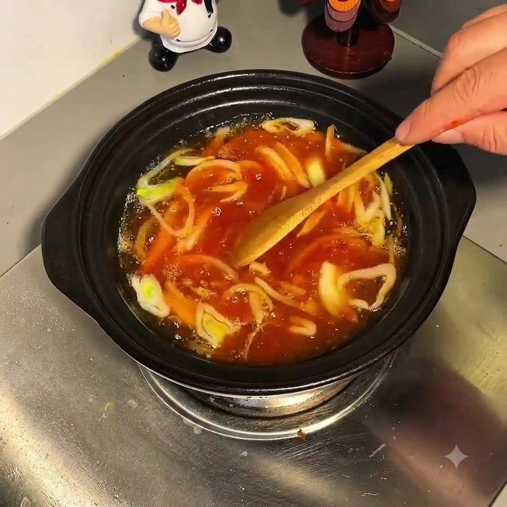 대파와 풀어진 소스가 함께 끓고 있는 육수를 나무 도구로 젓고 있는 모습.