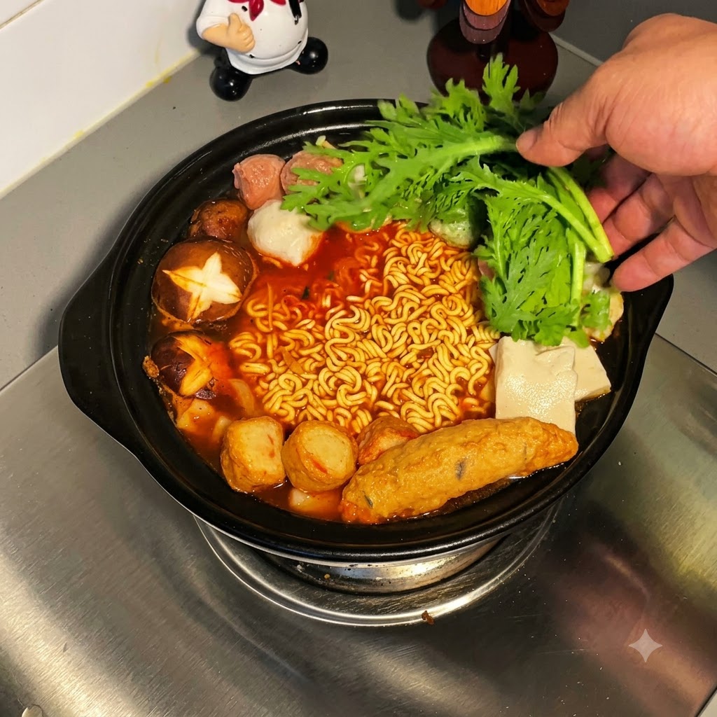 검은색 냄비 속 끓고 있는 붉은색 누들 스튜에 신선한 초록잎 채소를 손으로 넣고 있는 모습.